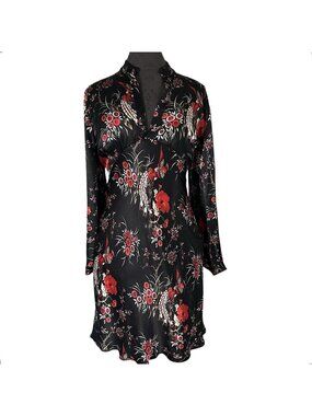Clockhouse Floral Satin Mini Dress M 8-10 Black Red Long Bell Sleeves Whimsigoth